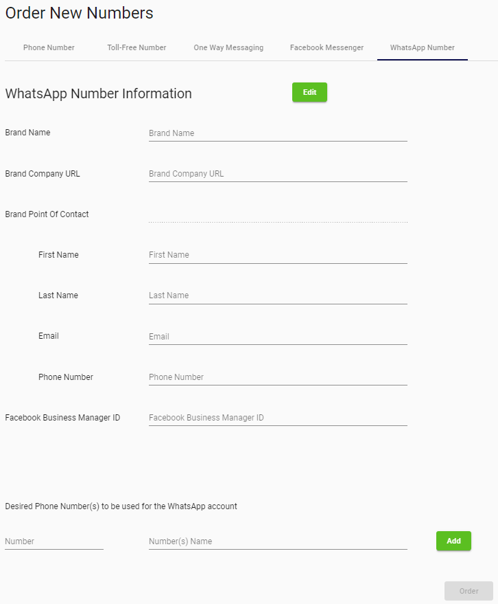 On the Order New Numbers Page, the WhatsApp Number tab is selected and a blank WhatsApp Number Information form appears 